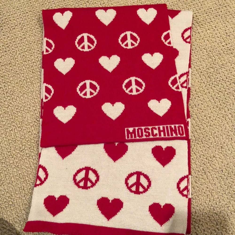 Moschino Red heart and peace sign scarf
